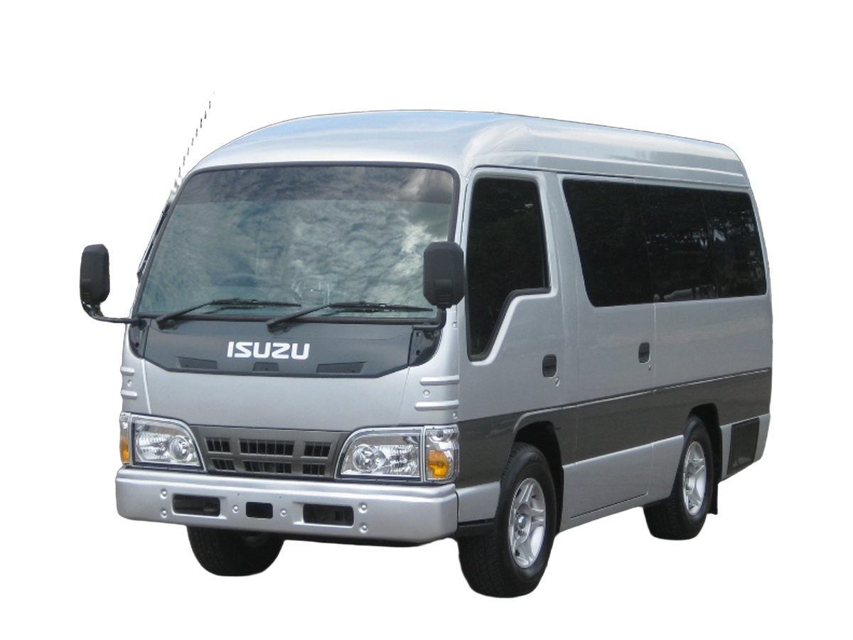 Silver Isuzu Elf Long 19-seater group tour minibus used for Bali corporate and retreat transfers