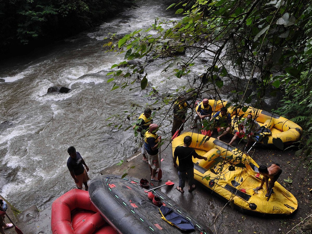 Raft passing under a small jungle waterfall falling into the Ayung river near Ubud